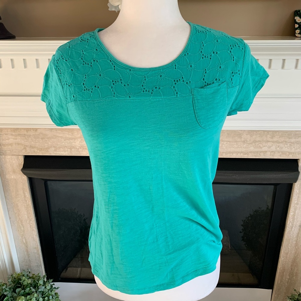 Zara Girls Seafoam Green Pocket Lace Detail T-Shirt Size Large Casual Top